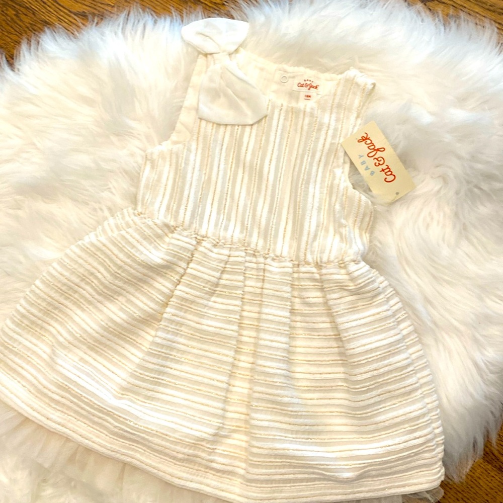 Cream with gold sparkle stripe sleeveless dress with bow. NWT! 18m
